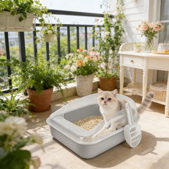 Semi-Enclosed Cat Litter Box with Odor Control and Splash Guard, Two-Layer Design for Easy Cleaning Ideal for Small to Medium Cats