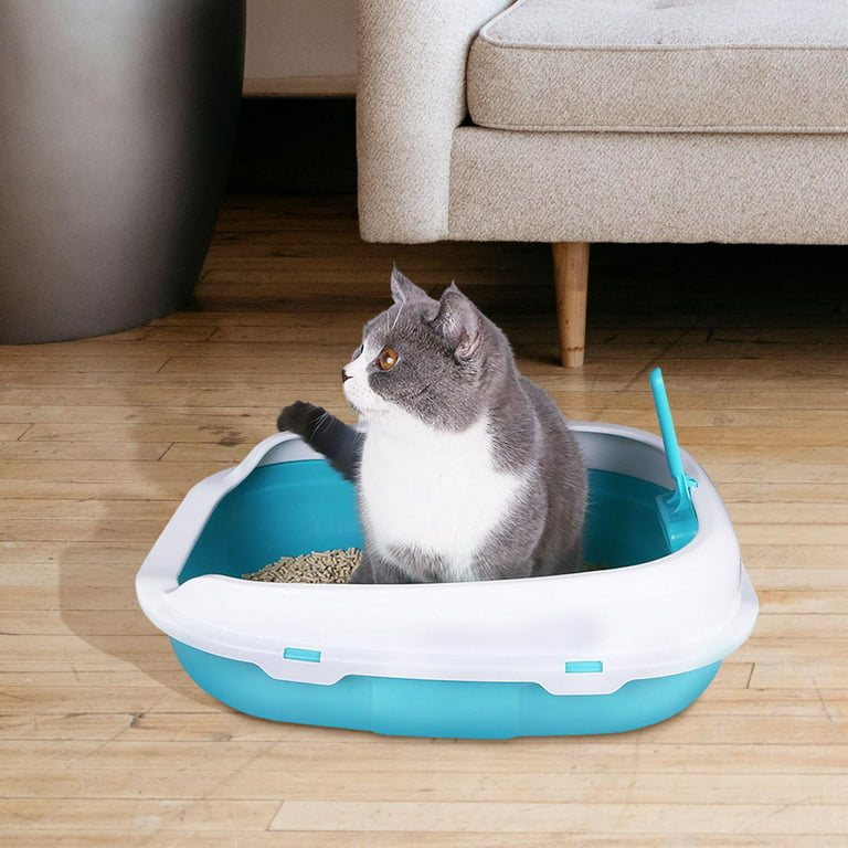 Semi Enclosed Cat Toilet Portable Container Sand Box Open Top Pet Kitten  Litter Pan for Rabbits Dog Small Large Cats Blue