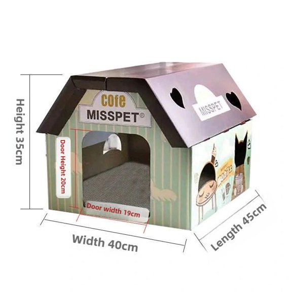 Semi-Enclosed Corrugated Cat House & Scratching Pad Combo: Removable, Washable & Easy-Clean Cartoon-Style Cat Bed with Durable Scratch-Resistant Design