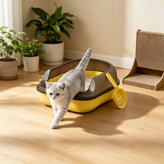 Semi Enclosed High Back Cat Litter Box with Scoop - Splash Proof Design, Leakage Proof Plastic, Spacious Open Top for Small Cats Under 10 lbs, Litter Mat with Pedal, Litter Box For Cats, Yellow