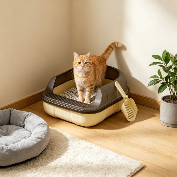Semi Enclosed High Back Cat Litter Box with Scoop - Splash Proof Design, Leakage Proof Plastic, Spacious Open Top for Small Cats Under 10 lbs, Litter Mat with Pedal, Litter Box For Cats, Beige
