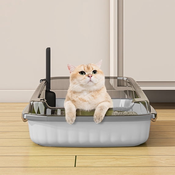 Semi Enclosed High Bar Litter Box with Splash-Proof Design, Plastic Litter Box for Cats, Includes Litter Shovel for Easy Cleaning, Spacious and Leak-Proof