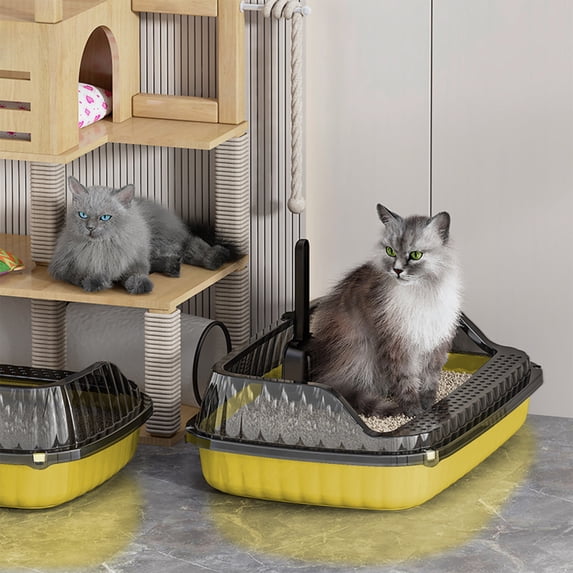 Semi Enclosed High Side Cat Litter Box Splash Proof Glossy Plastic Litter Pan with Matching Sifting Shovel Spacious Interior for Kitten Adult Large Cats 18.9x12.6x5.51in