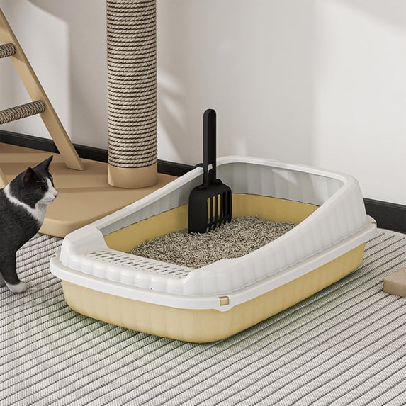 Semi-Enclosed High Side Litter Box, Large Cat Litter Pan with Splash Guard, Anti-Leak Open Design with Litter Scoop