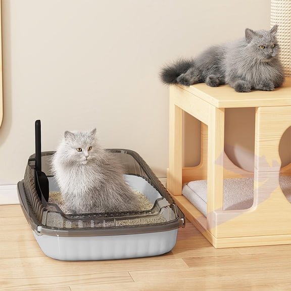 Semi-Enclosed Large Cat Litter Box, High Sides Odor Cat Litter Pan with Cat Scooper, Top Entry Cat Litter Box, Detachable Easy Clean, Cat Necessities 14.57x10.63x3.15 Inch (Gray)