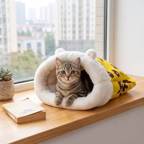 Semi-Enclosed Pet Bed for Cats and Small Dogs, All Season Cozy Covered Pet House with Thickened Cushion, Soft Durable Low Maintenance Indoor Sleeping Cave