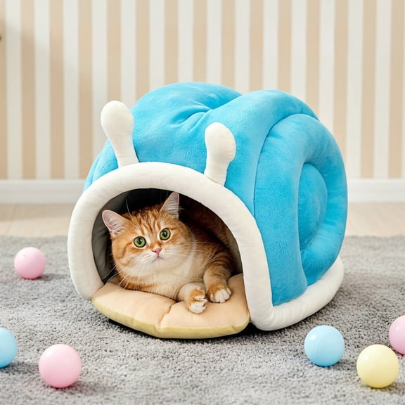 Semi-Enclosed Pet Bed, Snail Shape Covered Cat Bed, All-Season Cat and Small Dog House, Soft Padded Foldable Bed with Removable Cushion for Cozy Secure Indoor Rest and Easy Cleaning