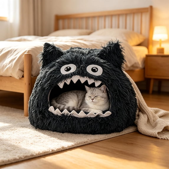 Semi-Enclosed Pet Bed, Winter Warm Removable and Washable Sleeping Bag for Cats and Dogs, Indoor Foldable Soft Cave Bed with Cushion, Cozy Plush Mat for Small Animals _ M 19"x12"