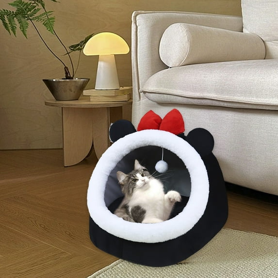 Semi-Enclosed Plush Cat Cave Bed - Pet Sleeping Tent, Detachable Washable Mat, 30x30x28cm Polyester House, for Small Dogs & Cats, Soft Comfortable Pet Nest, B