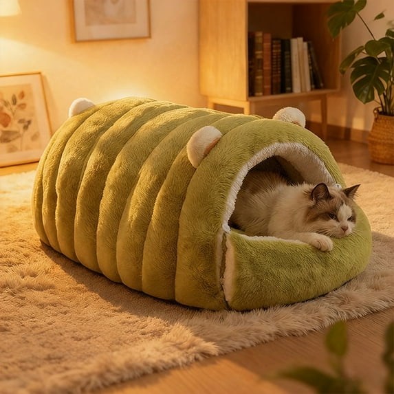 Semi-Enclosed Plush Pet Bed, Washable Calming Dog Bed & Cat Bed for Small Dogs Under 6斤, Soft Warm Puppy Bed with Removable Cover, Green Cozy Pet Nest for Indoor Cats