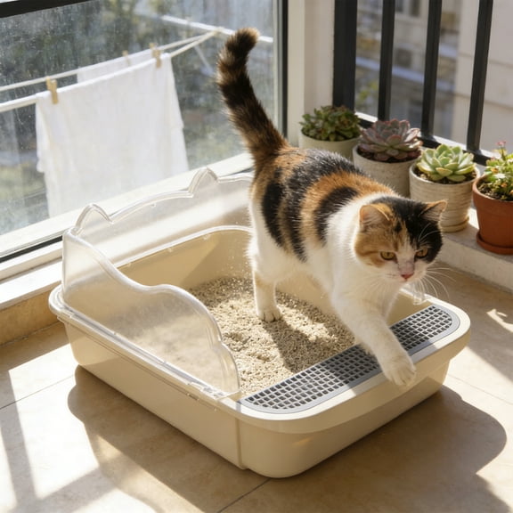 Semi-Enclosed Splash-Proof Cat Litter Box with Litter Scoop, Durable Scratch-Proof Basin with Leakage Pedal for Easy Cleaning and Odor Control