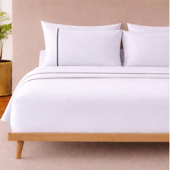 Semi-Fitted Top Sheet - Short Queen, No-Tuck Flat Sheet, Stays in Place, Easy Bed Making, Bunk Bed Dorm RV Camper Loft Bed, Soft Breathable Cotton Blend, White/Charcoal Trim