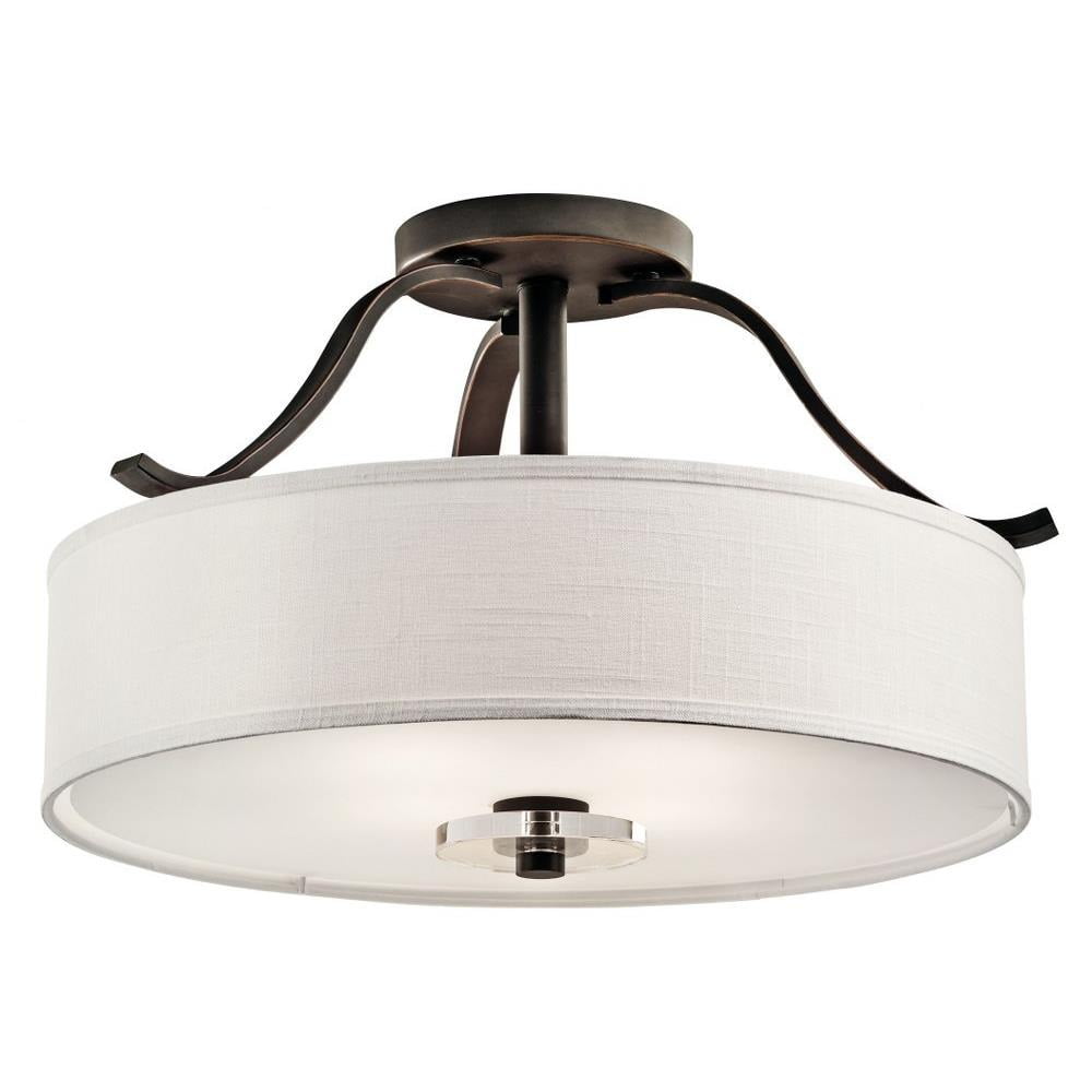 Leighton 22" White Linen Drum Shade Bronze Semi-Flush Ceiling Light