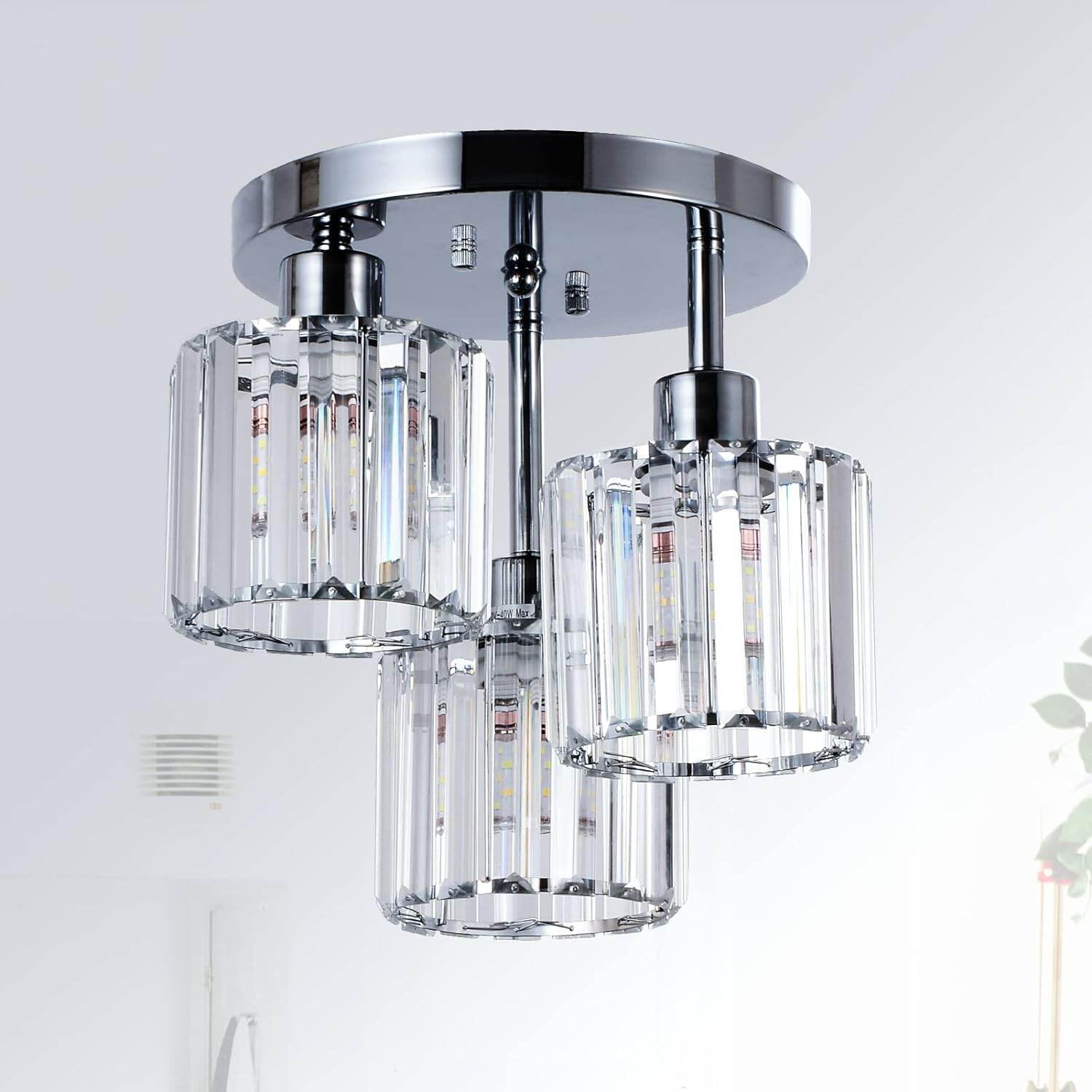 Semi Flush Mount Ceiling,3-Light Kitchen Mount,Hallway Light Fixtures Ceiling with Clear Crystal Shades for Kitchen Entryway Bedroom Bathroom Foyer,Silver Crystal Lighting Lamps