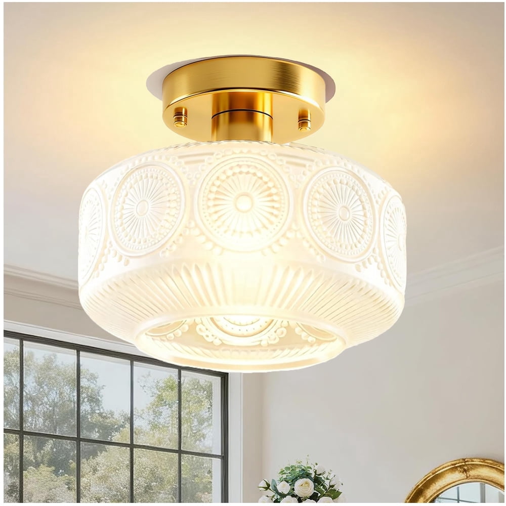 Semi Flush Mount Ceiling Ligh,Globe Glass Ceiling Light with Milk White Galss Shade,Hallway Light Fixtures,Modern Milky White Lighting Fixture for Bedroom Kitchen Porch Corridor