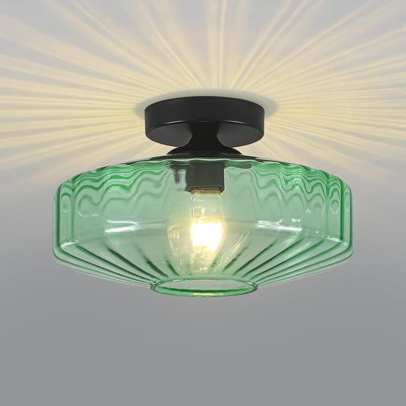 Semi Flush Mount Ceiling Light, 11.8" Vintage Green Glass Lights, 1-Light Mid Century Modern Drum Close to Light Fixtures for Bedroom Kitchen Entryway Hallway Porch Foyer