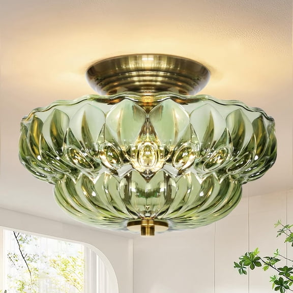 Semi Flush Mount Ceiling Light,11IN Vintage Gold Hallway Lights Fixture,3-Bulb Globe Green Glass Close to Light for Bathroom, Hallway, Dining Room,Bulb Not Included