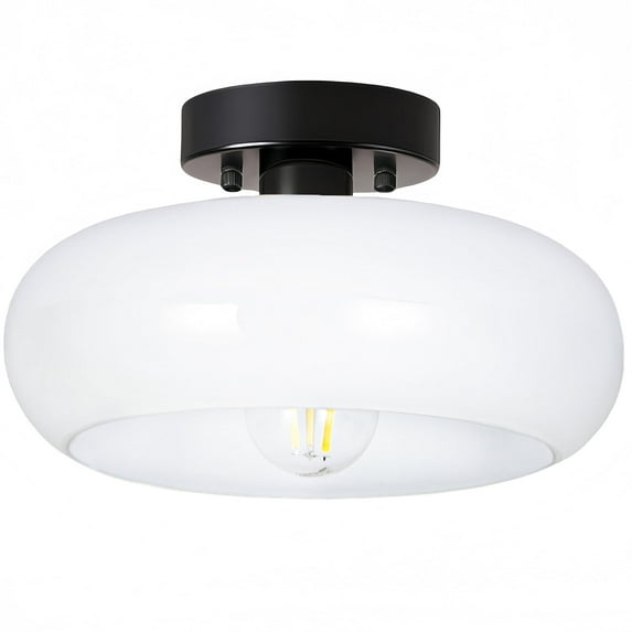 Semi Flush Mount Ceiling Light,11inch Mid-Century Modern Light Fixture,Black Hallway Light Fixtures with White Milk Glass Shade,Vintage Lighting fixtures for entryway,Bedroom,Kitchen,Porch