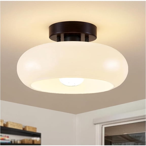 Semi Flush Mount Ceiling Light,11inch Mid-Century Modern Light Fixture,Black Hallway Light Fixtures with White Milk Glass Shade,Vintage Lighting fixtures for entryway,Bedroom,Kitchen,Porch