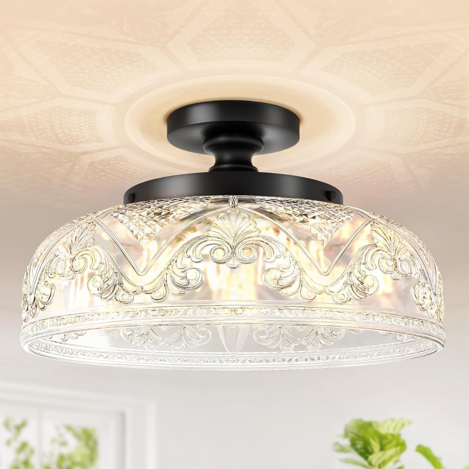 Semi Flush Mount Ceiling Light, 12 Inch Large Black Ceiling Light Fixture, 3-Light Globe Glass Industrial Kitchen Lighting Fixtures for Bathroom, Hallway, Dining Room (Bulb Not Included)