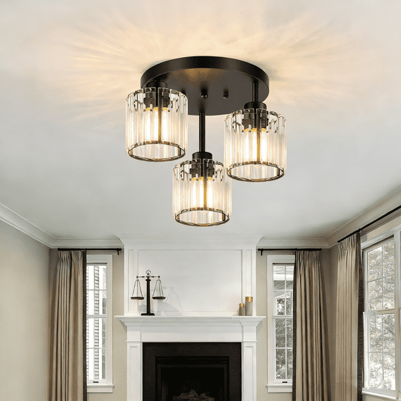 Semi Flush Mount Ceiling Light 3-Light Black Flush Mount Ceiling Light Fixture with Crystal Shades, Industrial Kitchen Ceiling Light for Hallway Entryway Bedroom, E26 Socket