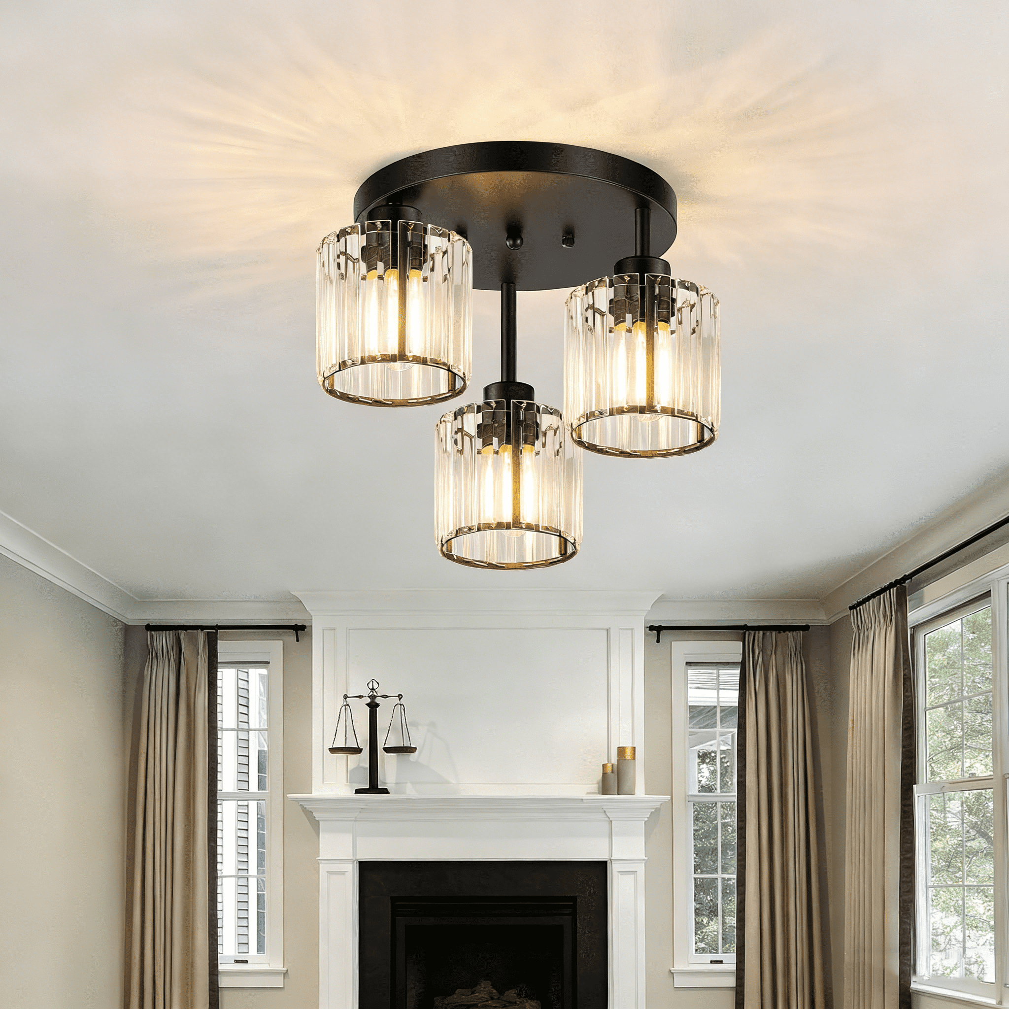 Semi Flush Mount Ceiling Light 3-Light Black Flush Mount Ceiling Light Fixture with Crystal Shades, Industrial Kitchen Ceiling Light for Hallway Entryway Bedroom, E26 Socket