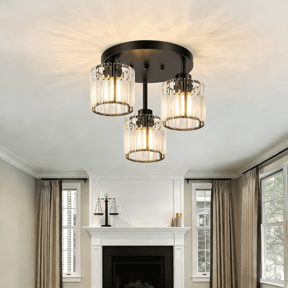 Semi Flush Mount Ceiling Light 3-Light Black Flush Mount Ceiling Light Fixture with Crystal Shades, Industrial Kitchen Ceiling Light for Hallway Entryway Bedroom, E26 Socket