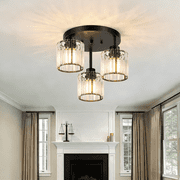 Semi Flush Mount Ceiling Light 3-Light Black Flush Mount Ceiling Light Fixture with Crystal Shades, Industrial Kitchen Ceiling Light for Hallway Entryway Bedroom, E26 Socket
