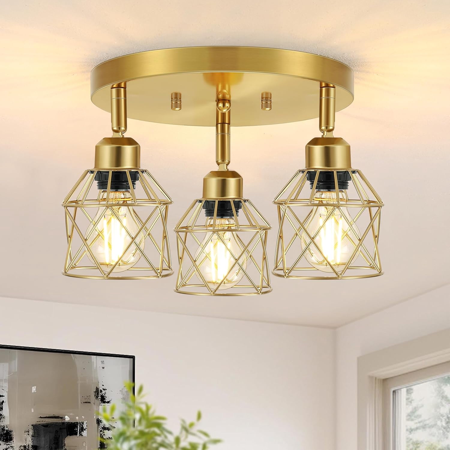 Semi Flush Mount Ceiling Light 3-Light Kitchen Light Fixtures Ceiling Light Fixture Multi-Directional Gold Ceiling Lights for Dining Room Hallway Foyer Bedroom Entryway