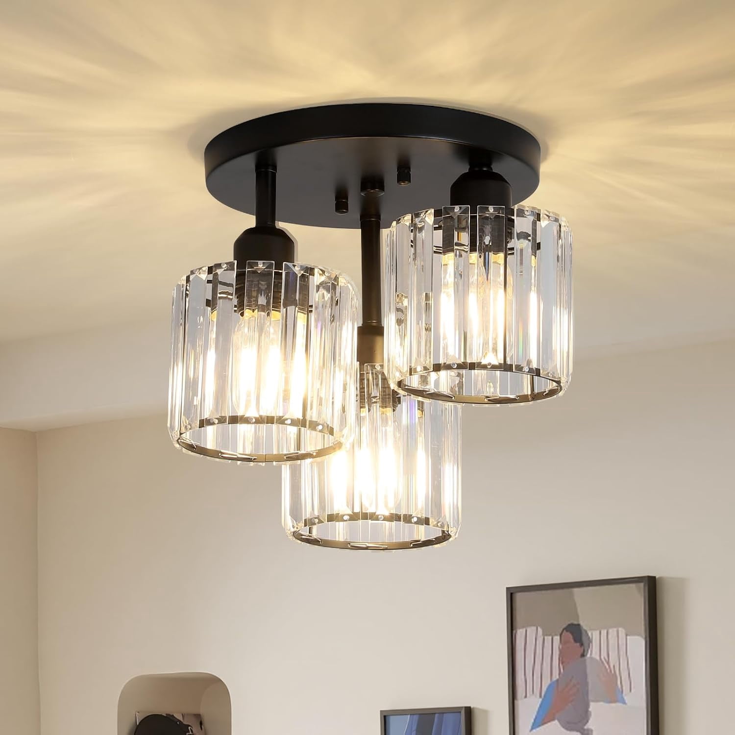 Semi Flush Mount Ceiling Light,3-Light Modern Close to Ceiling Light Fixtures,Kitchen Light with Clear Crystal Shades, Hallway Light Fixtures for Kitchen Entryway Bedroom Bathroom Foyer