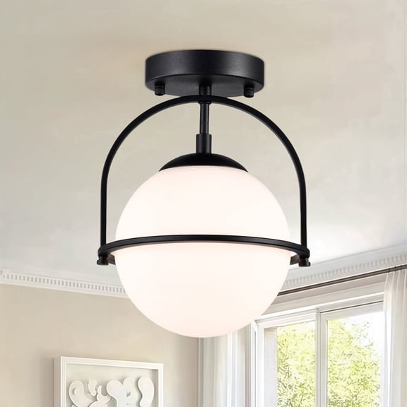 Modern Semi Flush Mount Ceiling Light, Black Metal Fixture with 7.1‘’ Frosted Glass Globe for Hallway, Entryway, Bedroom