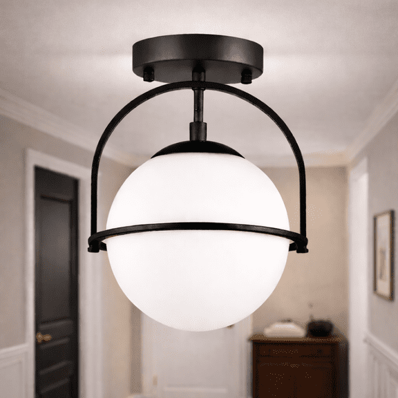 Modern Semi Flush Mount Ceiling Light, Black Metal Fixture with Frosted Glass Globe for Hallway, Entryway, Bedroom
