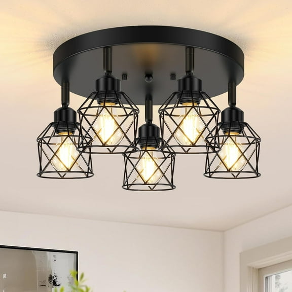 Semi Flush Mount Ceiling Light, 5-Light Multi-Directional Ceiling Light Fixtures, Vintage Black Metal Wire Cage Farmhouse Pendant Lighting for Kitchen Dining Room Hallway Foyer Bedroom