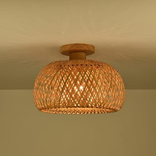 Semi Flush Mount Ceiling Light, Bamboo Wicker Ceiling Light Fixture, 11.8'' Hand-Worked Cage Shade Natural Mini Chandelier for Bedroom, Corridor, Hallway, Entryway, Study Room$$Tools & Hardware Other