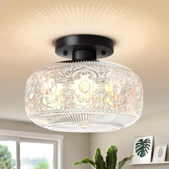 Semi Flush Mount Ceiling Light,Black Vintage Kitchen Ceiling Light Fixture,Globe Glass Close to Crystal Modern Lighting for Hallway Bathroom Bedroom Porch Corridor Entryway,Bulb Not Included