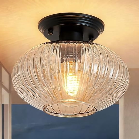 Semi Flush Mount Ceiling Light, Black Vintage Kitchen Ceiling Lights, Amber Striped Glass Close to Ceiling Light Fixtures for Living Room, Hallway, Bedroom$$Tools & Hardware Other
