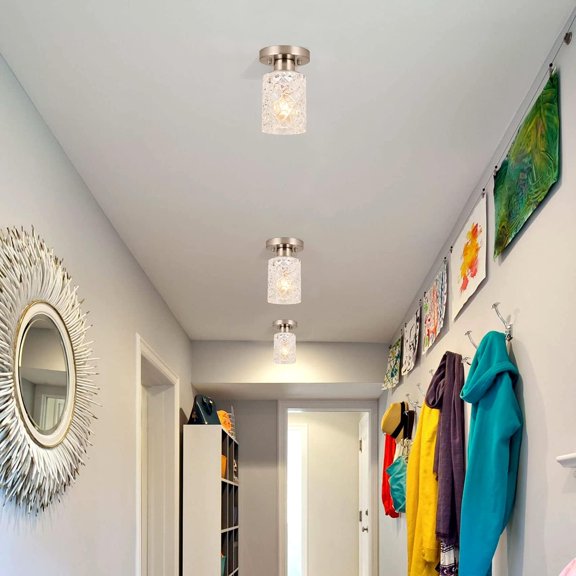 Semi Flush Mount Ceiling Light, Clear Geometric Glass Shade, Brushed Nickel Farmhouse Lighting for Hallway, Laundry Room, Kitchen,Bathroom and Foyer AL9082-S1$$Tools & Hardware Other