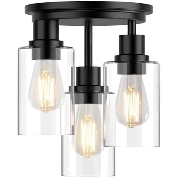 Semi Flush Mount Ceiling Light, Close to Ceiling Lights Fixtures, 3 Light Kitchen Ceiling Lights Fixtures with Glass Shades, Hallway Light Fixtures Ceiling Mount for Foyer, Black
