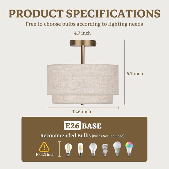Semi Flush Mount Ceiling Light Fixture,12.6'' Gold Light Fixtures Ceiling Mount, Modern Close to Ceiling Light with 2-Layer Linen Shade,Farmhouse Drum Ceiling Light for Bedroom Hallway Living Room