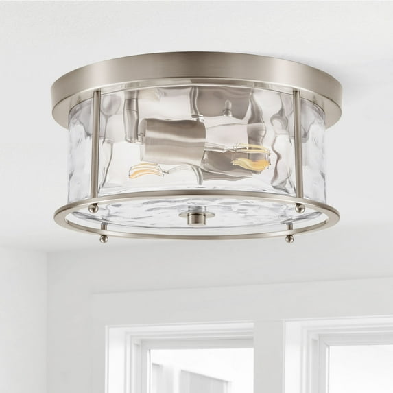 Semi Flush Mount Ceiling Light Fixture 2-Light Vintage Ceiling Lamp Farmhouse Light with Hammered Glass Shade&Metal Cage for Living Room Bedroom Foyer Hallway (Brushed Nickel)