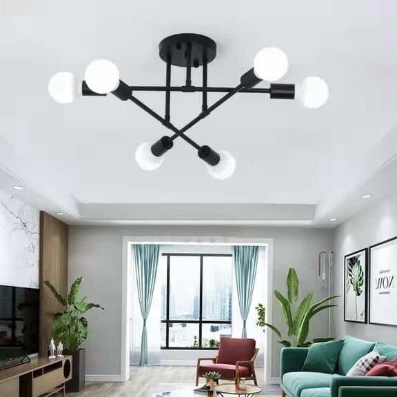 Semi Flush Mount Ceiling Light Fixture, 6-Lights Modern Mid Century Sputnik Chandelier Ceiling Lamp with E26 Bulb Base, Light Fixtures Ceiling Mount for Living Room (Black)