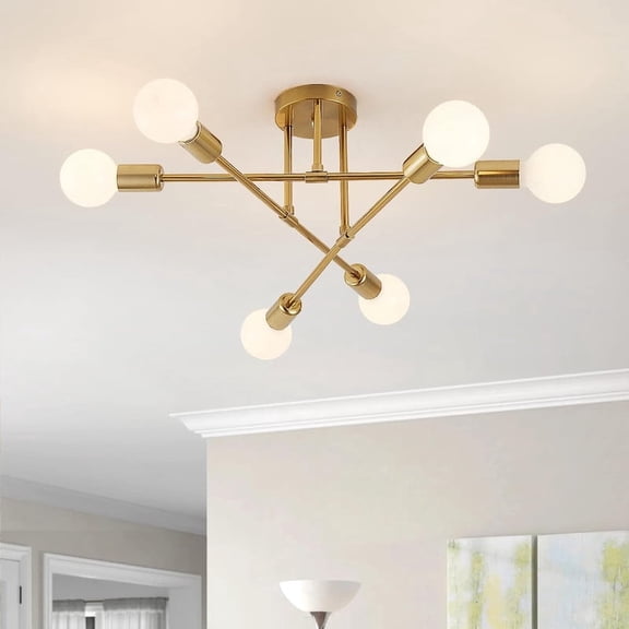Semi Flush Mount Ceiling Light Fixture, 6-Lights Modern Sputnik Chandelier Ceiling Lamp for E26 Bulb Base, Light Fixtures Ceiling Mount for Bedroom Kitchen Living Room (Gold)