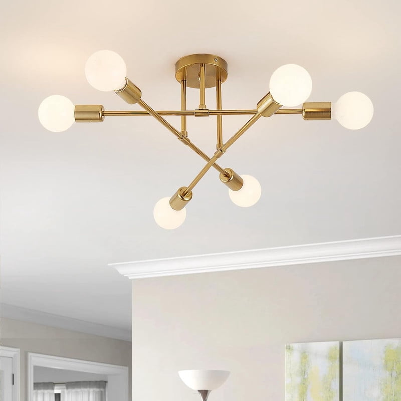 8-Light Sputnik Chandelier – Mid-Century Modern Semi Flush Mount, Matte Black With Gold Accents, Adjustable Arms