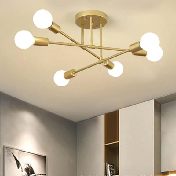Semi Flush Mount Ceiling Light Fixture, Modern Sputnik Chandelier, 6 Lights Modern Sputnik Chandelier Ceiling Lamp with E26 Bulb Base, Light Fixtures Ceiling Mount for Living Room (Golden)