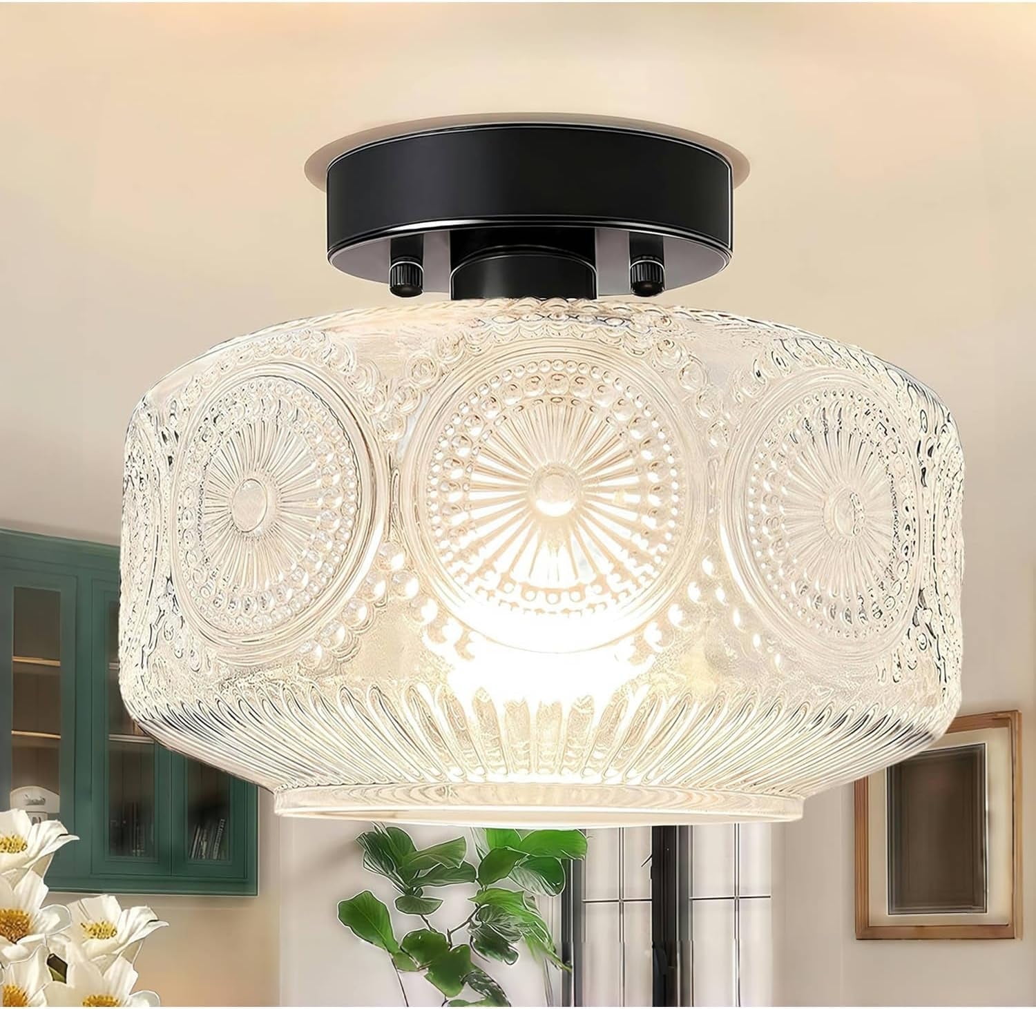 Semi Flush Mount Ceiling Light,Glass Ceiling Light,Black Light Fixture Ceiling Mount,Vintage Ceiling Light for Hallway Bedroom Kitchen Entryway Living Room