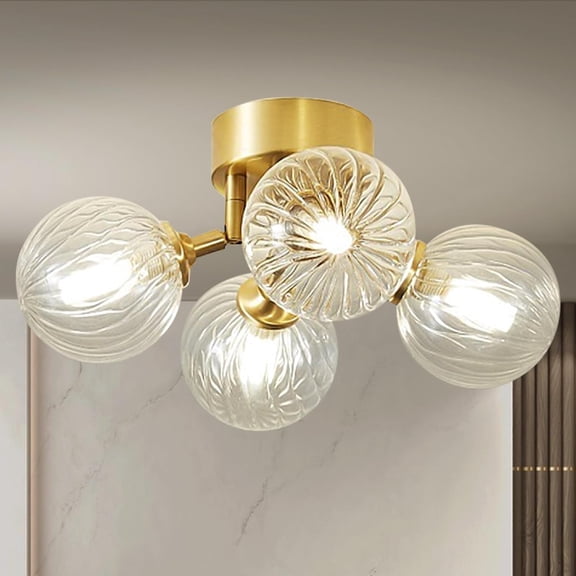 Semi Flush Mount Ceiling Light Glass Globe, 4-Light Ribbed Glass Brass Ceiling Light Fixture with LED G9 for Entryway Kitchen Dining Room Living Room, Gold