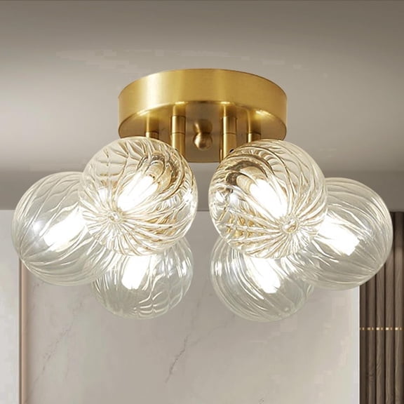 Semi Flush Mount Ceiling Light Glass Globe, 6-Light Ribbed Glass Brass Ceiling Light Fixture with LED G9 for Entryway Kitchen Dining Room Living Room, Gold