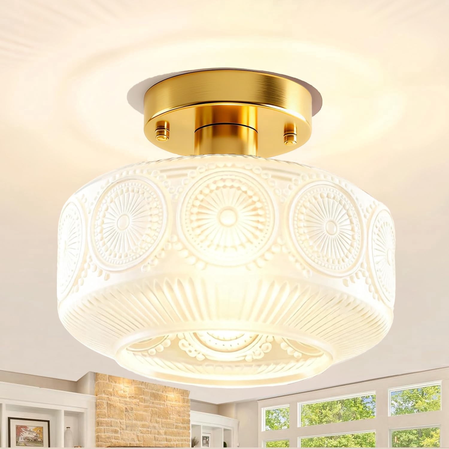 Semi Flush Mount Ceiling Light, Vintage Ceiling Light,Small Hallway Light Fixture,Glass Lighting Fixture for Bedroom Bathroom Entryway Kitchen