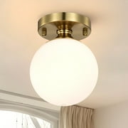 Gold Semi Flush Ceiling Light With 5.9" Globe Opal Glass Shade Mid Century Modern Ceiling Light For Entryway Closet Bathroom Bedroom Easy Install