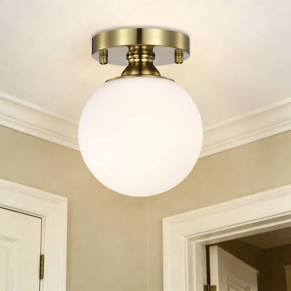 Semi Flush Mount Ceiling Light, Modern Gold Ceiling Light Fixture with 5.9" Opal Glass Globe Shade for Hallway Entryway Kitchen Bedroom